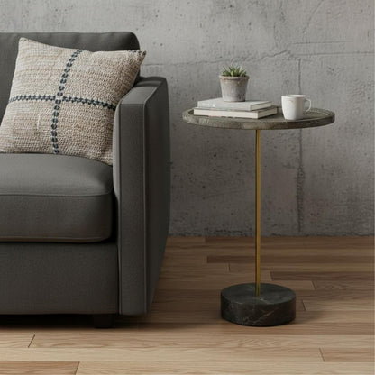 30" Black And Brown Solid Wood And Marble Round End Table