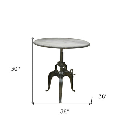 Adjustable Height Gray and Silver Solid Wood and Iron Pedestal Base Round Top Dining Table