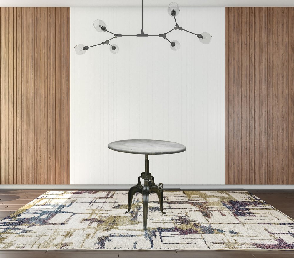 Adjustable Height Gray and Silver Solid Wood and Iron Pedestal Base Round Top Dining Table