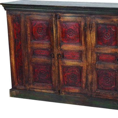 80" Brown And Red Distressed Solid Wood Carved Floral Buffet Table with Four Doors