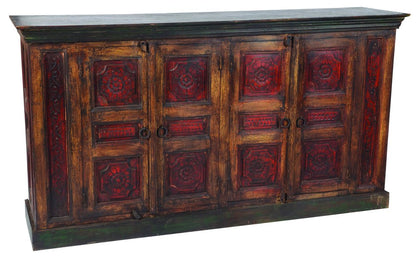 80" Brown And Red Distressed Solid Wood Carved Floral Buffet Table with Four Doors