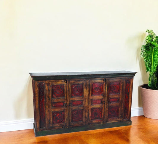 80" Brown and Black Solid Wood Buffet Table with Four Doors