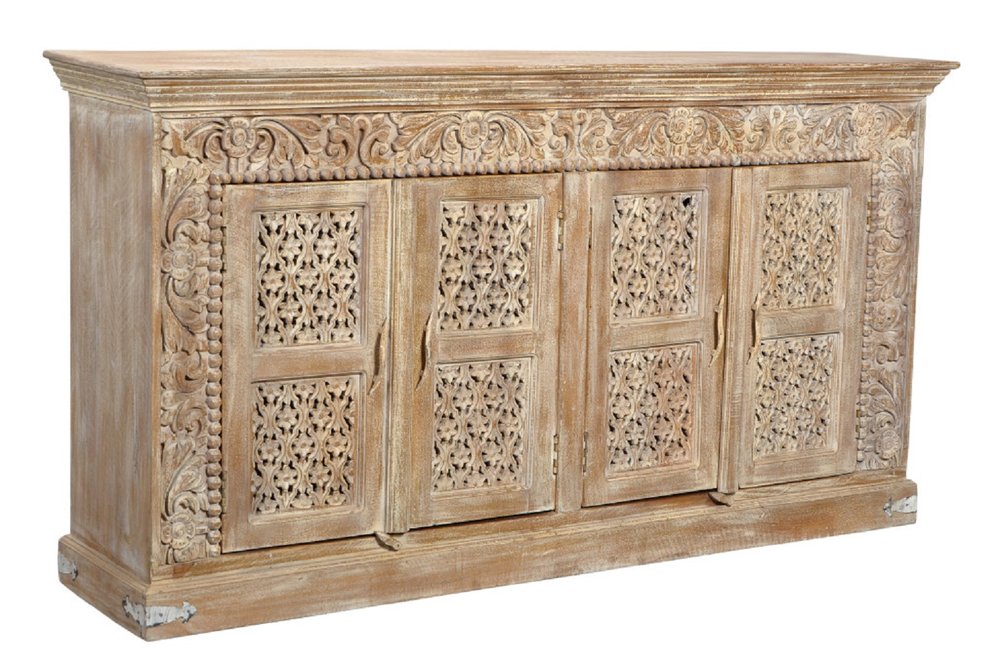 76" Antiqued White Distressed Solid Wood Carved Floral Sideboard with Four Doors