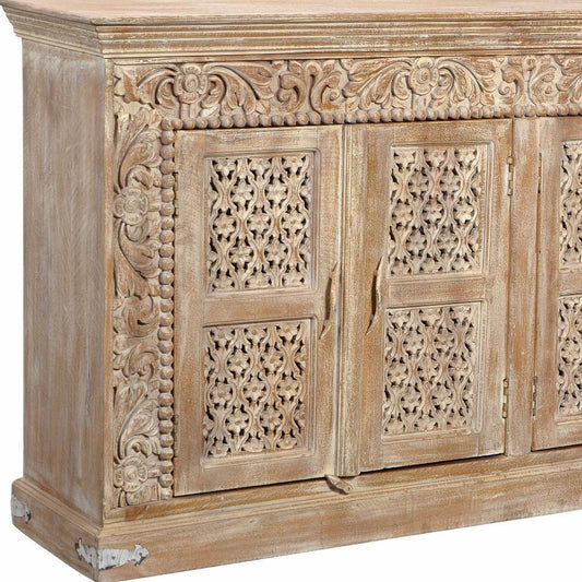 76" Antiqued White Distressed Solid Wood Carved Floral Sideboard with Four Doors