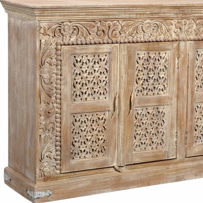 76" Antiqued White Distressed Solid Wood Carved Floral Sideboard with Four Doors
