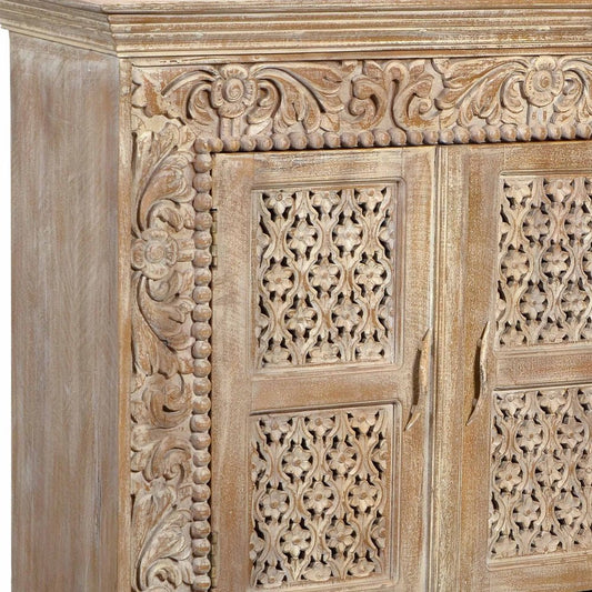 76" Antiqued White Distressed Solid Wood Carved Floral Sideboard with Four Doors