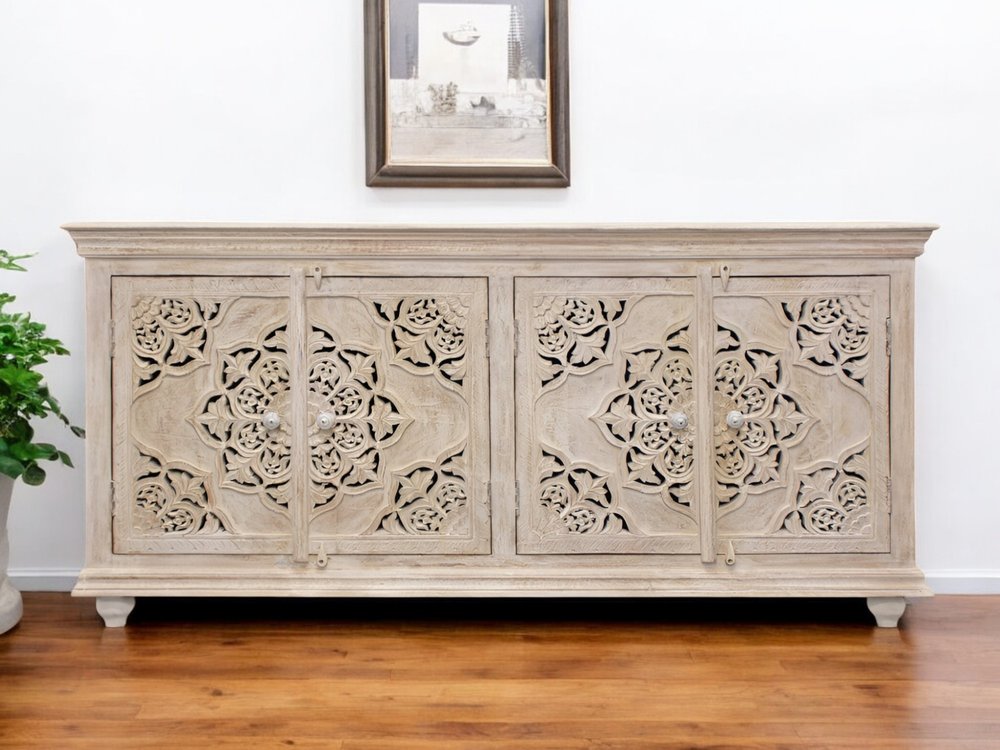 71" Beige Solid Wood Sideboard with Four Doors