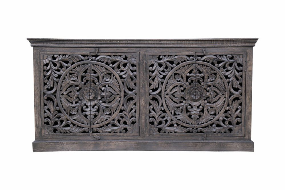 71" Gray Distressed Solid Wood Carved Floral Sideboard with Four Doors