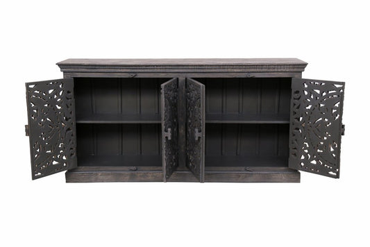 71" Gray Distressed Solid Wood Carved Floral Sideboard with Four Doors