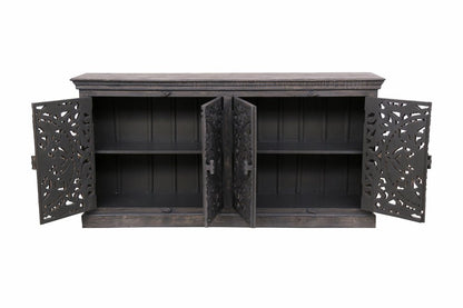 71" Gray Distressed Solid Wood Carved Floral Sideboard with Four Doors