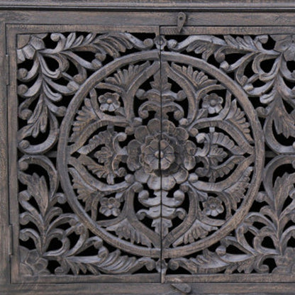 71" Gray Distressed Solid Wood Carved Floral Sideboard with Four Doors