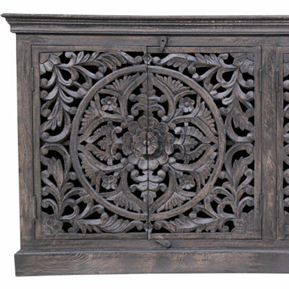 71" Gray Distressed Solid Wood Carved Floral Sideboard with Four Doors