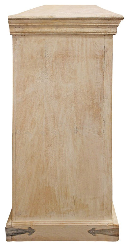 71" Beige Distressed Solid Wood Carved Scrollwork Sideboard with Four Doors