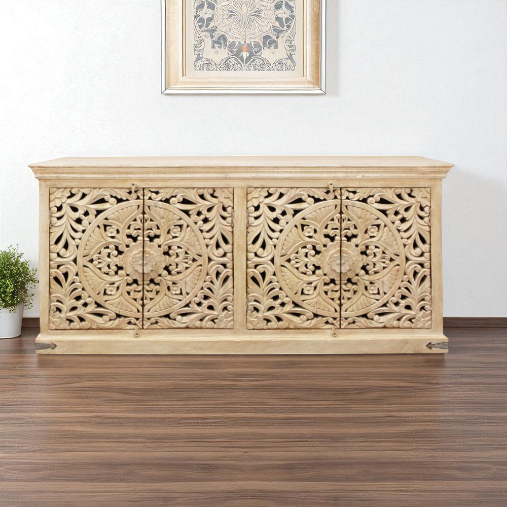 71" Beige Distressed Solid Wood Carved Scrollwork Sideboard with Four Doors