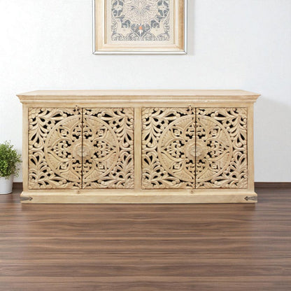 71" Beige Distressed Solid Wood Carved Scrollwork Sideboard with Four Doors