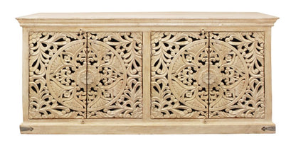 71" Beige Distressed Solid Wood Carved Scrollwork Sideboard with Four Doors