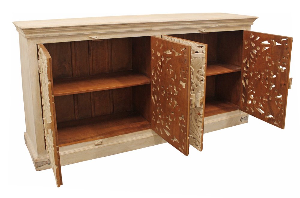 71" Beige Distressed Solid Wood Carved Scrollwork Sideboard with Four Doors