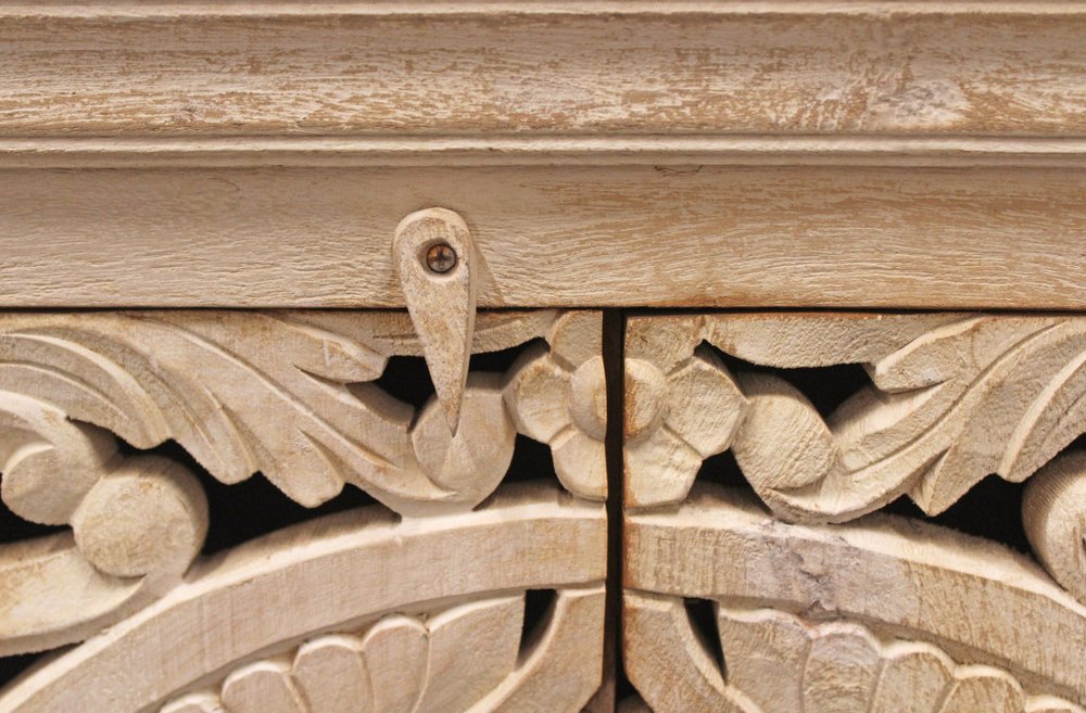 71" Beige Distressed Solid Wood Carved Scrollwork Sideboard with Four Doors
