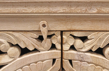 71" Beige Distressed Solid Wood Carved Scrollwork Sideboard with Four Doors