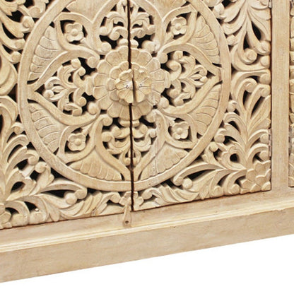 71" Beige Distressed Solid Wood Carved Scrollwork Sideboard with Four Doors