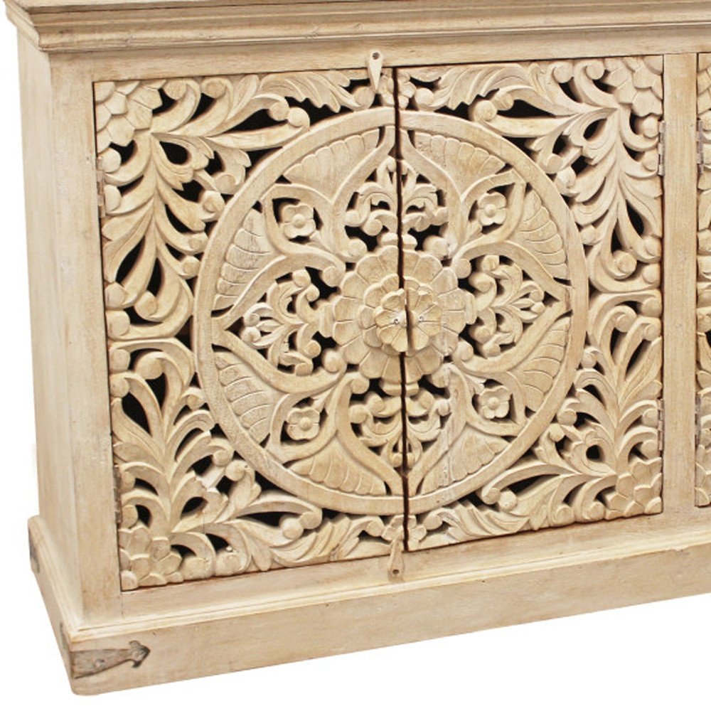 71" Beige Distressed Solid Wood Carved Scrollwork Sideboard with Four Doors