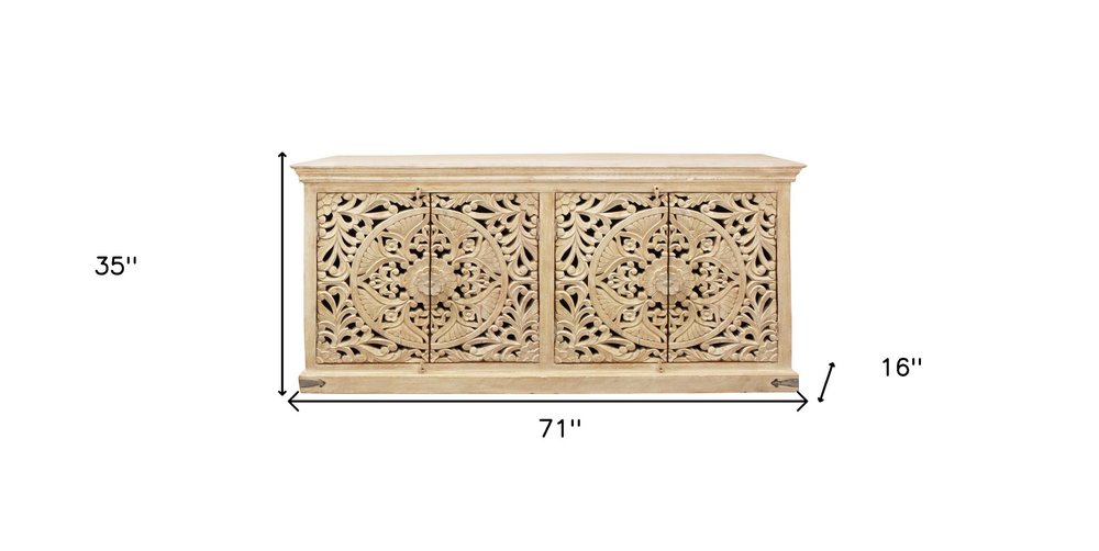 71" Beige Distressed Solid Wood Carved Scrollwork Sideboard with Four Doors