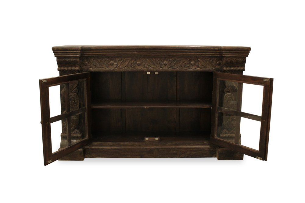 60" Brown Distressed Solid Wood Carved Floral Buffet Table with Two Glass Doors