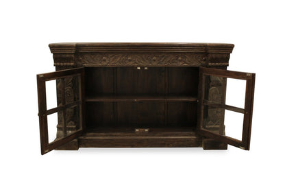 60" Brown Distressed Solid Wood Carved Floral Buffet Table with Two Glass Doors