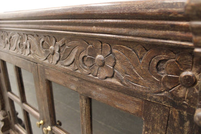 60" Brown Distressed Solid Wood Carved Floral Buffet Table with Two Glass Doors
