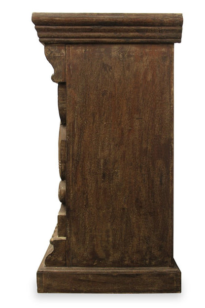 60" Brown Distressed Solid Wood Carved Floral Buffet Table with Two Glass Doors