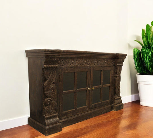 60" Brown Solid Wood Sideboard with Two Glass Doors