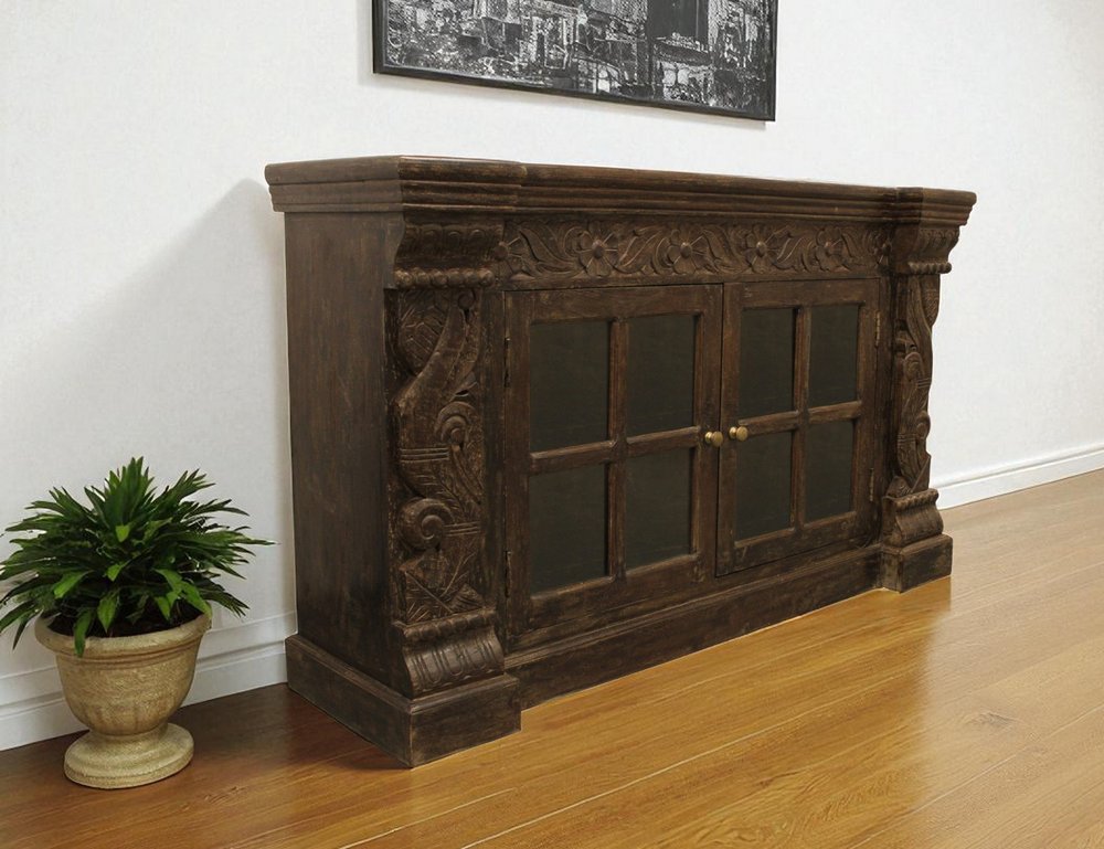 60" Brown Distressed Solid Wood Carved Floral Buffet Table with Two Glass Doors