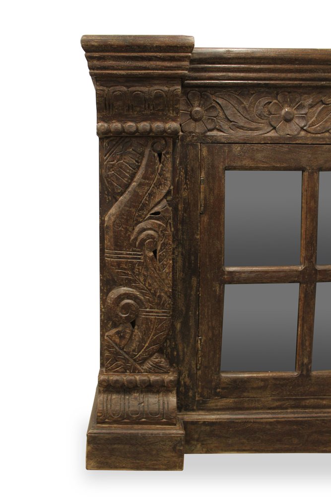 60" Brown Distressed Solid Wood Carved Floral Buffet Table with Two Glass Doors