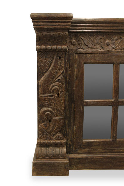 60" Brown Distressed Solid Wood Carved Floral Buffet Table with Two Glass Doors