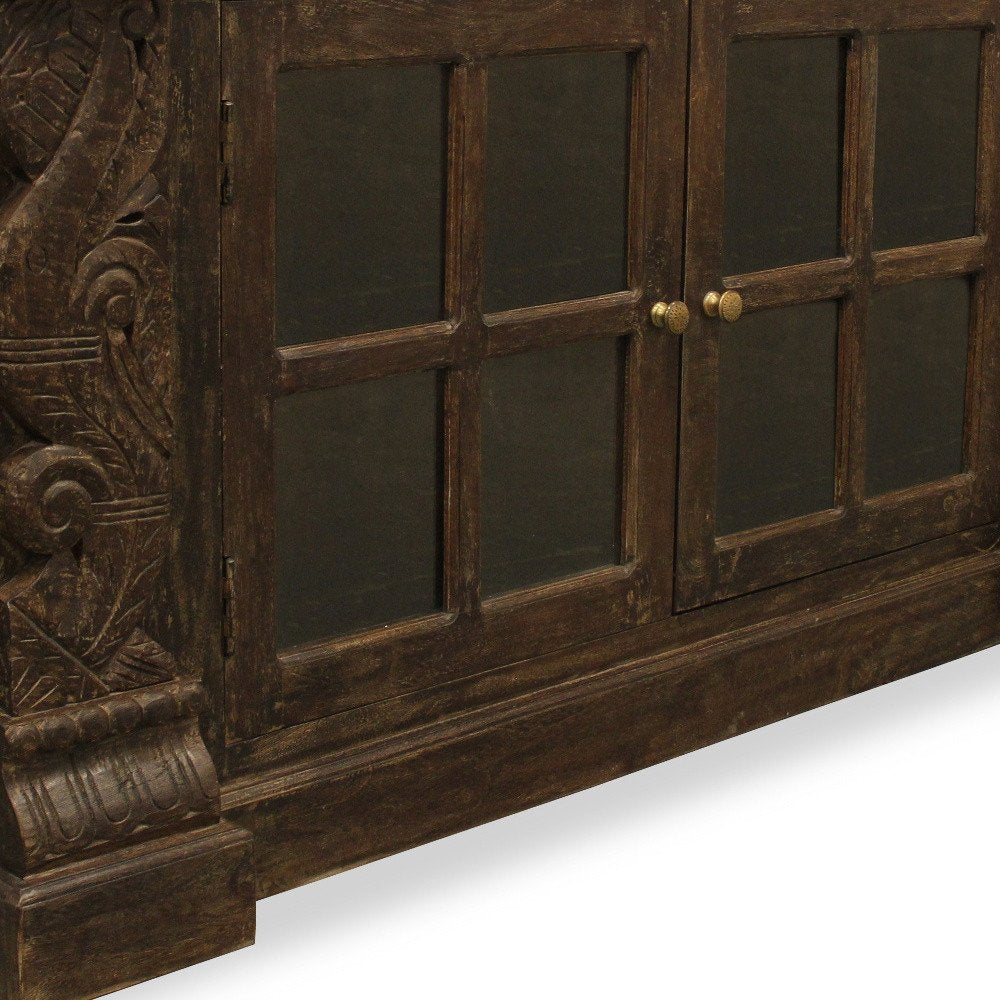 60" Brown Distressed Solid Wood Carved Floral Buffet Table with Two Glass Doors