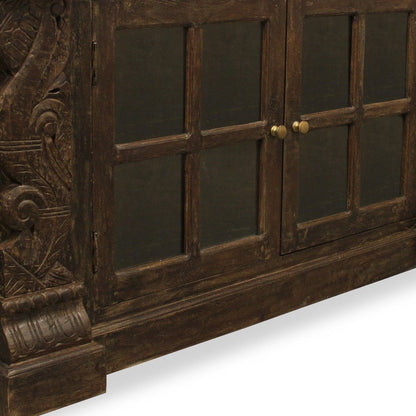 60" Brown Distressed Solid Wood Carved Floral Buffet Table with Two Glass Doors