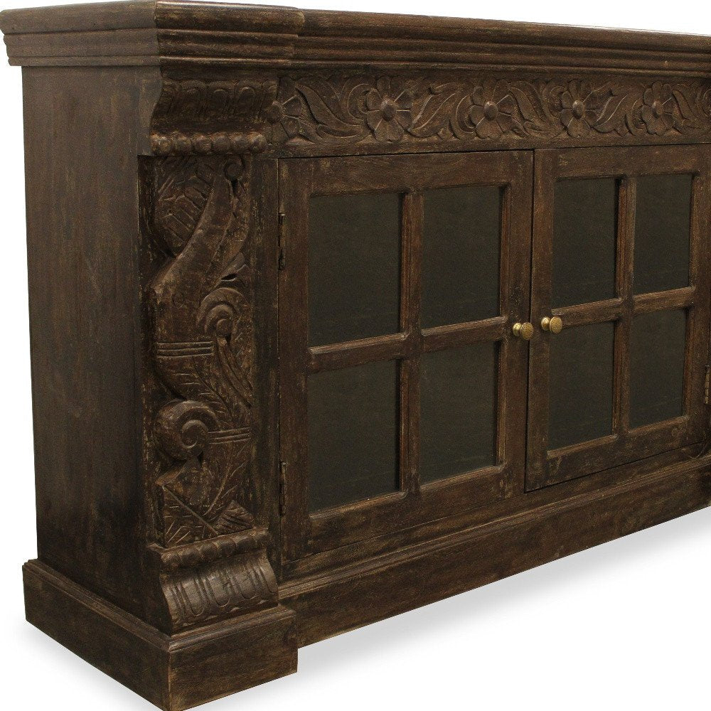 60" Brown Distressed Solid Wood Carved Floral Buffet Table with Two Glass Doors