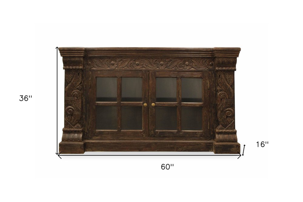 60" Brown Distressed Solid Wood Carved Floral Buffet Table with Two Glass Doors