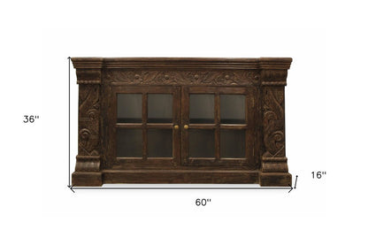 60" Brown Distressed Solid Wood Carved Floral Buffet Table with Two Glass Doors