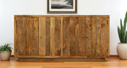 72" Natural Distressed Solid Wood Carved Geometric Sideboard with Four Doors