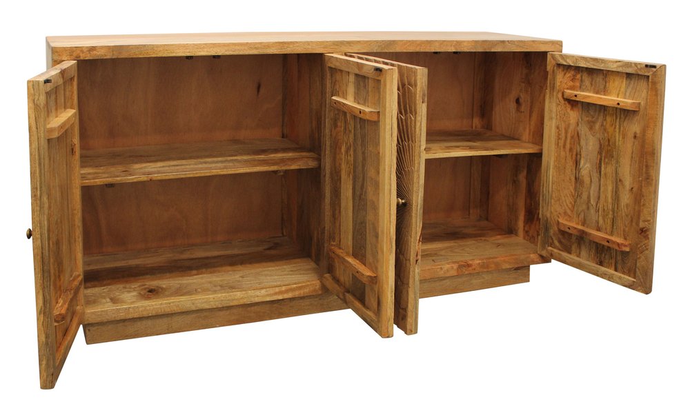 72" Natural Distressed Solid Wood Carved Geometric Sideboard with Four Doors