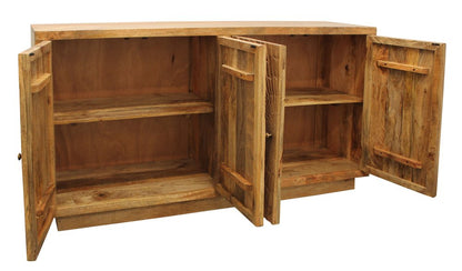 72" Natural Distressed Solid Wood Carved Geometric Sideboard with Four Doors