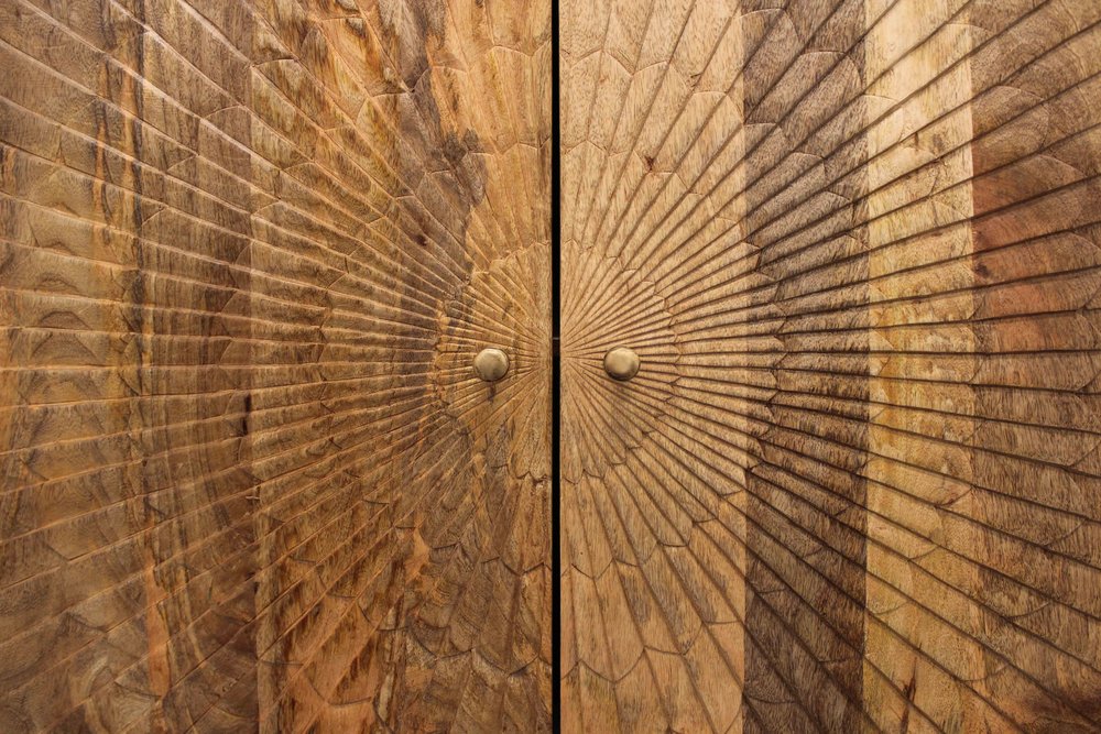 72" Natural Distressed Solid Wood Carved Geometric Sideboard with Four Doors