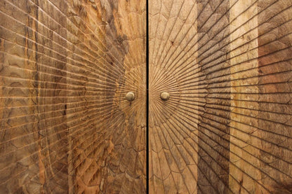 72" Natural Distressed Solid Wood Carved Geometric Sideboard with Four Doors