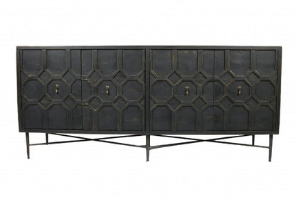 71" Brown Distressed Solid Wood Carved Geometric Sideboard with Four Doors