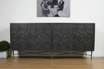 71" Brown Distressed Solid Wood Carved Geometric Sideboard with Four Doors