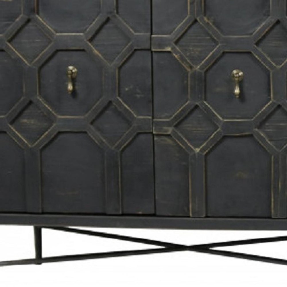 71" Brown Distressed Solid Wood Carved Geometric Sideboard with Four Doors