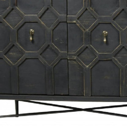 71" Brown Distressed Solid Wood Carved Geometric Sideboard with Four Doors