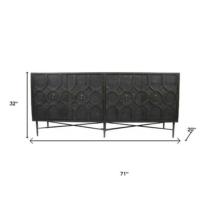 71" Brown Distressed Solid Wood Carved Geometric Sideboard with Four Doors