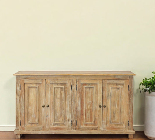 60" Distressed Natural Solid Wood Sideboard with Four Doors